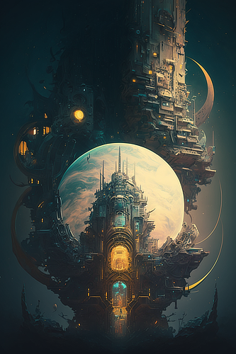 a large building with a large planet in the background