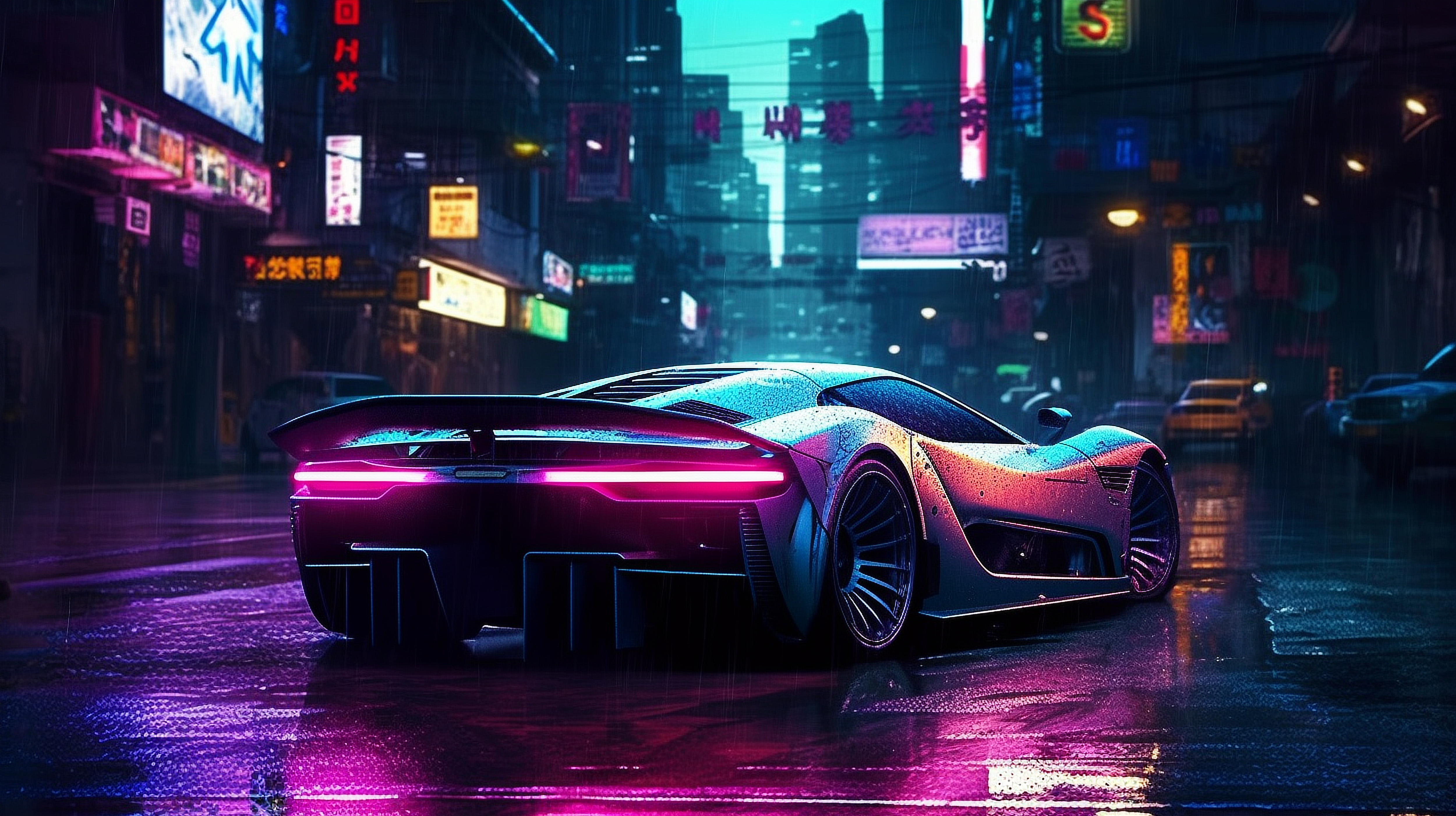 a sports car on a wet street