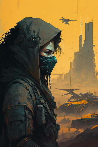 a woman wearing a mask and a hood standing in front of a city