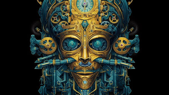 a gold and blue metal face with gears and wires