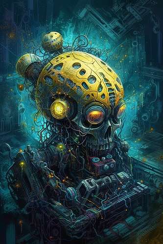 a robot with a skull and wires