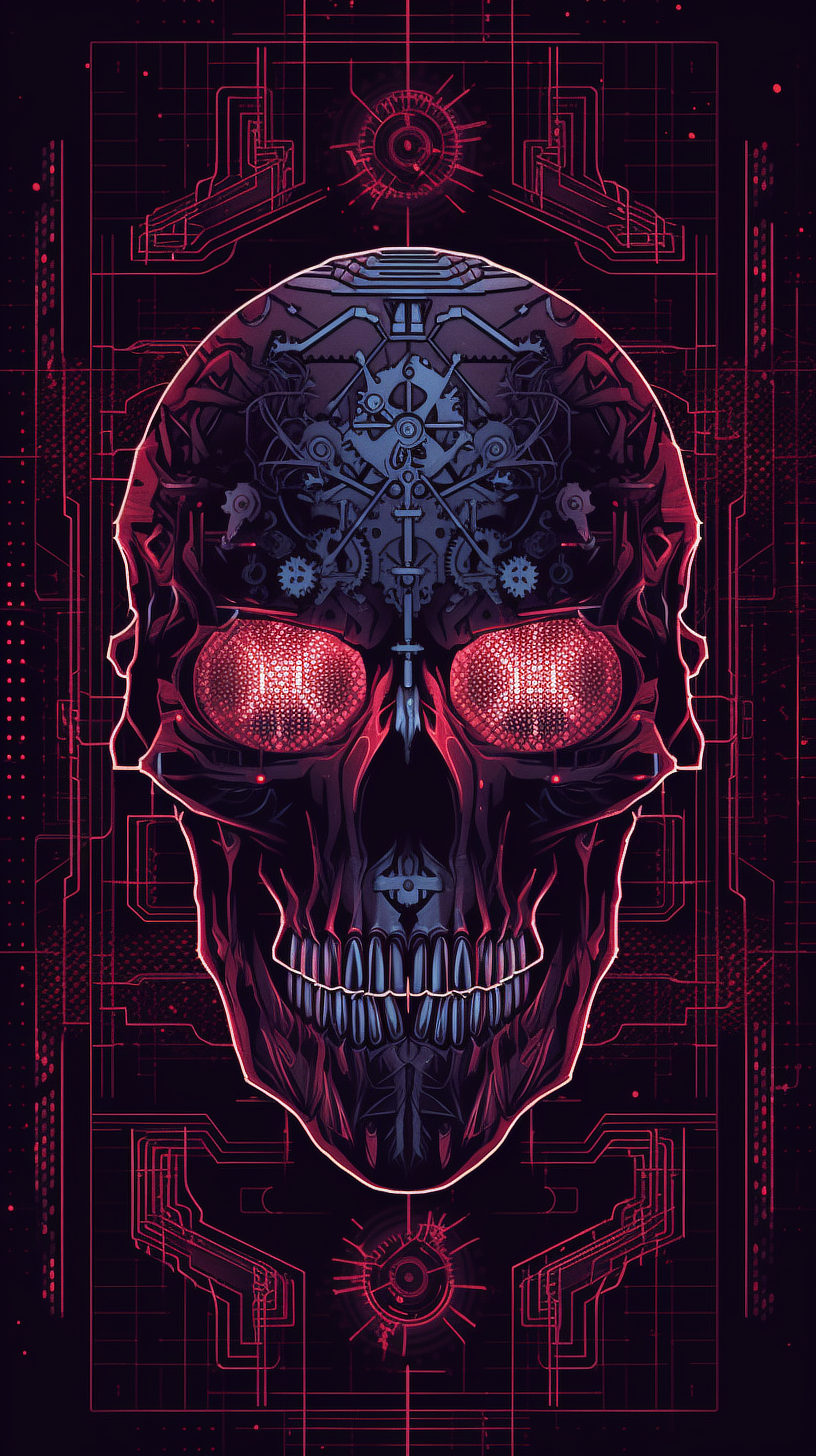 a skull with gears and red eyes