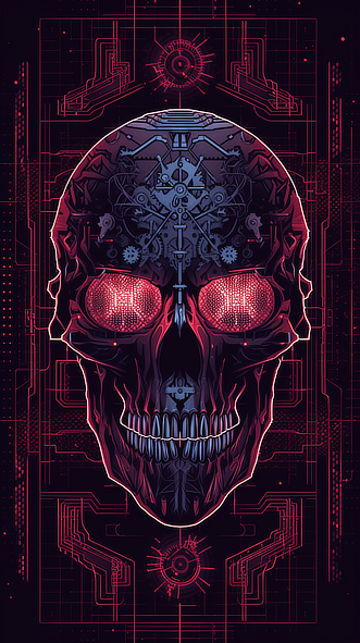 a skull with gears and red eyes