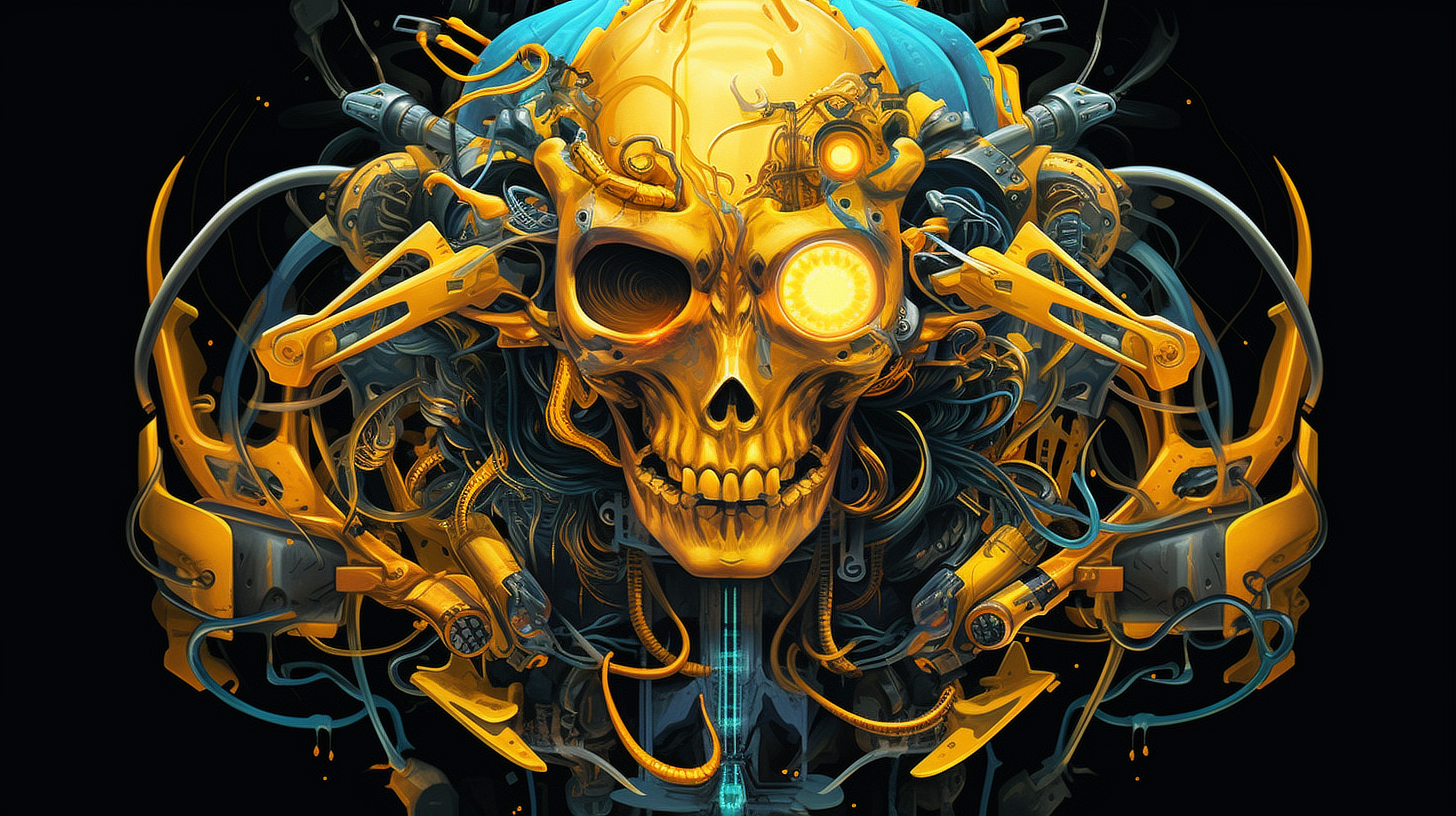 a skull with yellow eyes and wires