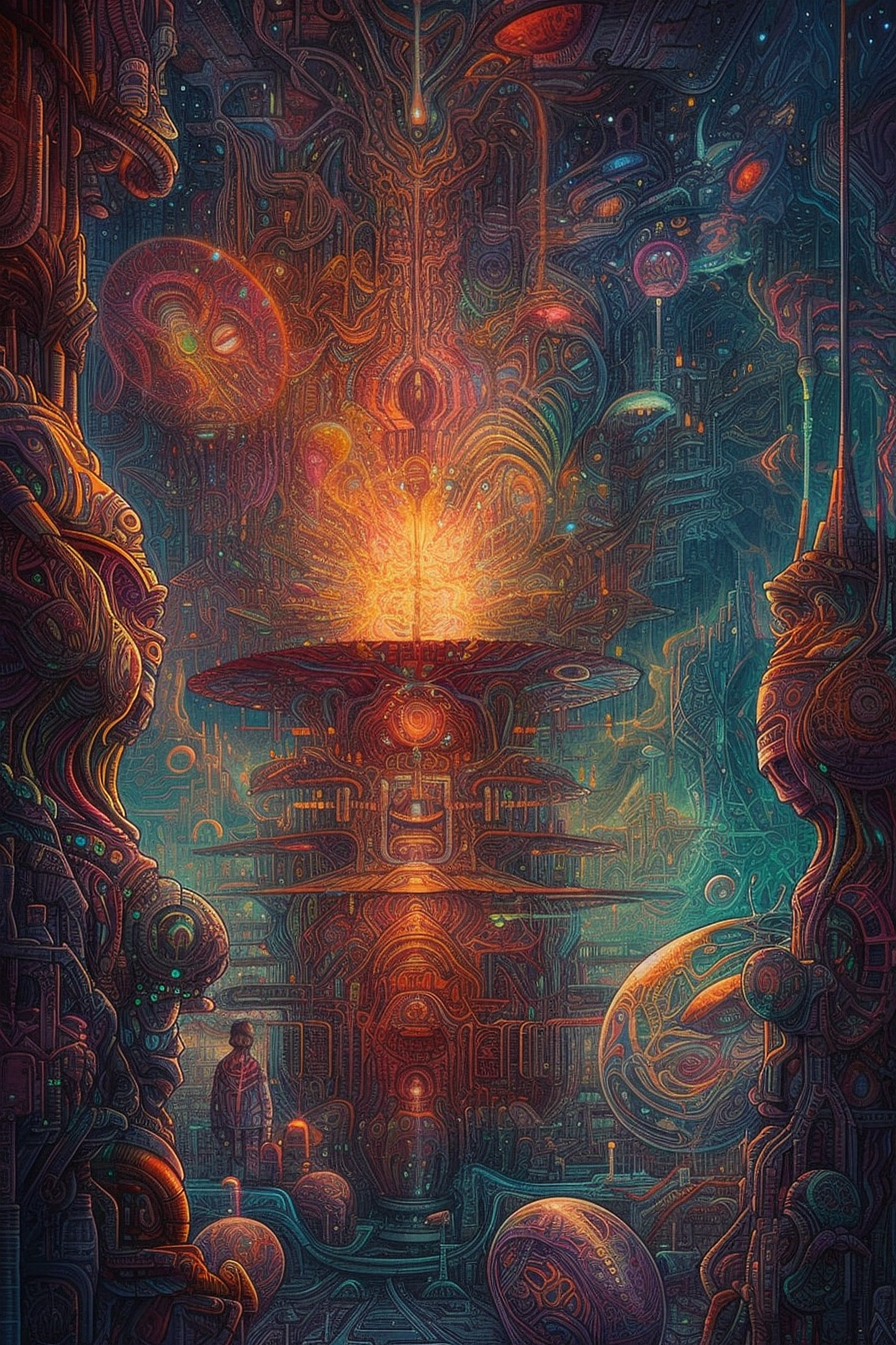 a artwork of a man standing in front of a large structure