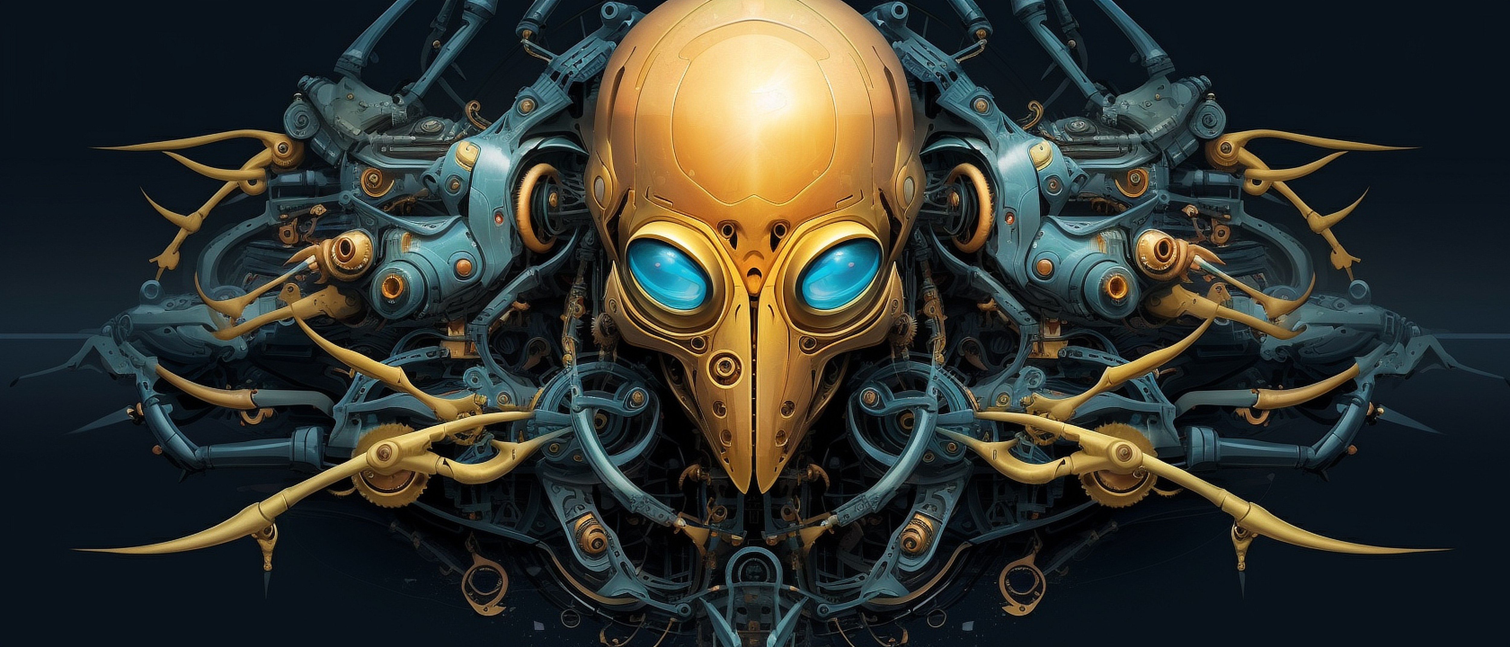 a gold and blue robot head
