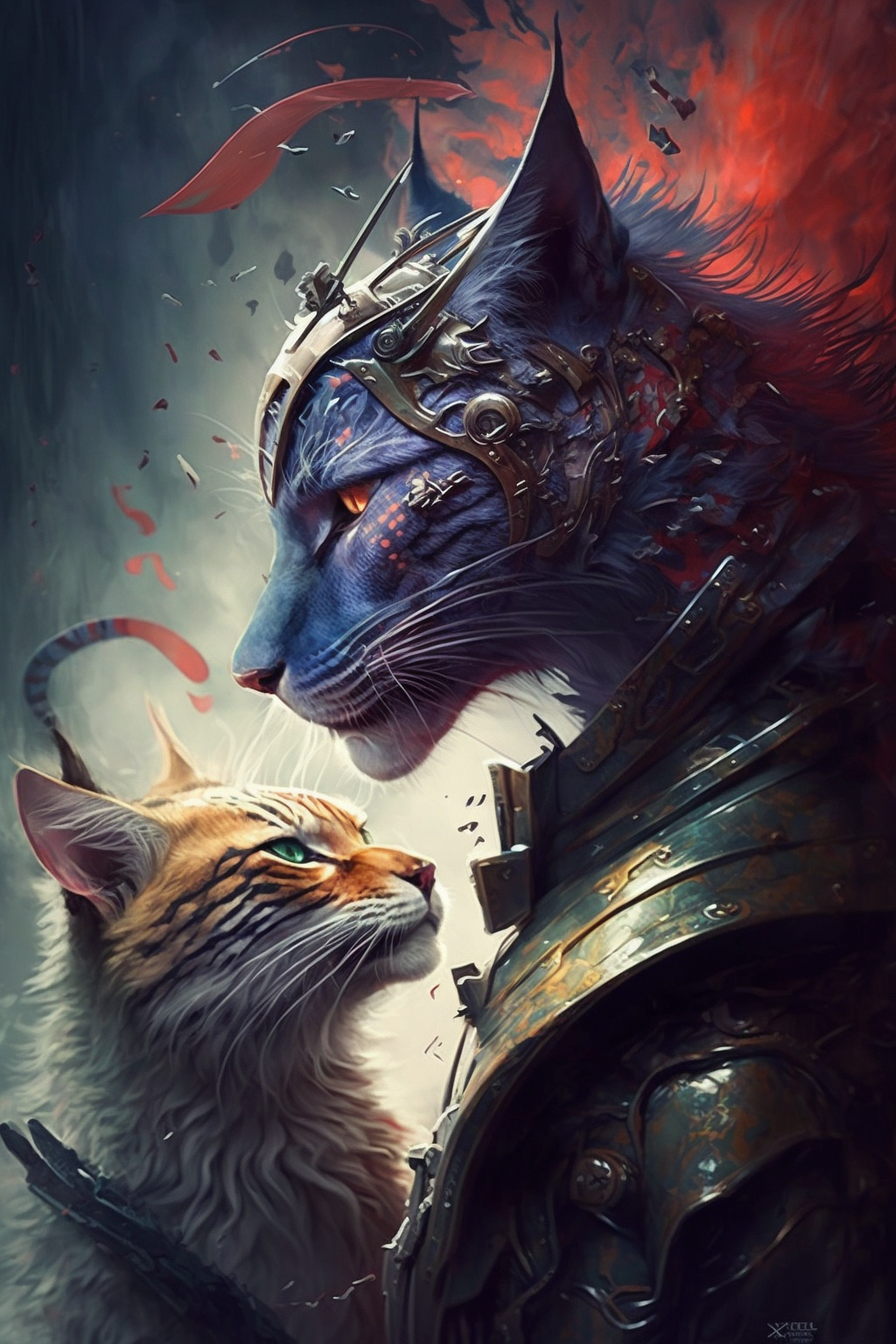 a cat in armor looking at a cat