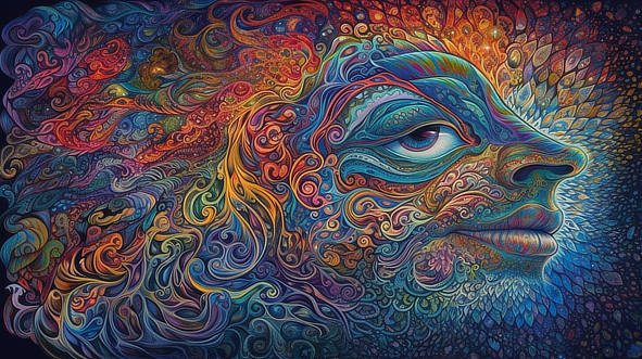 a colorful artwork with a bird's eye