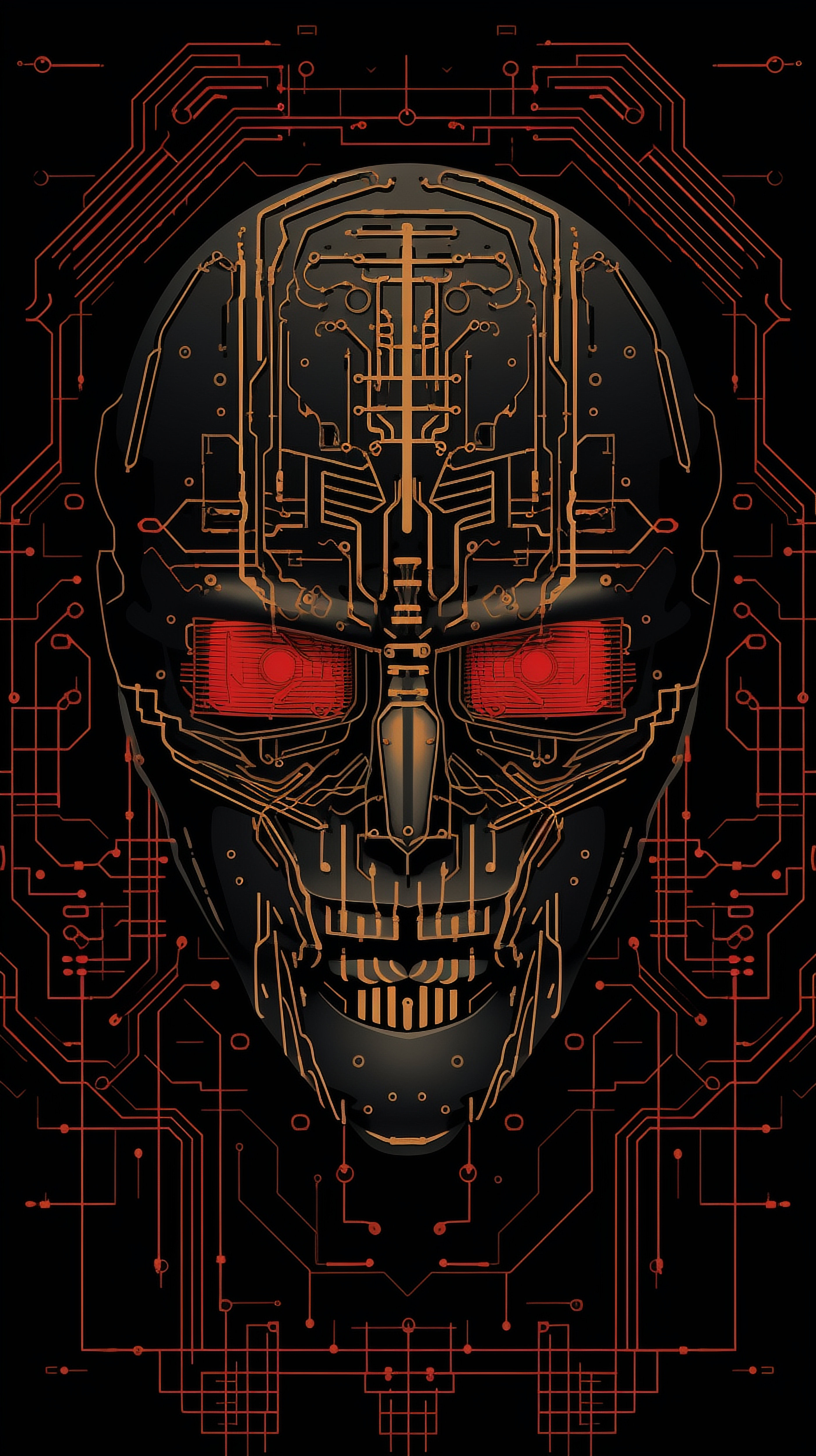 a black skull with orange and red lines