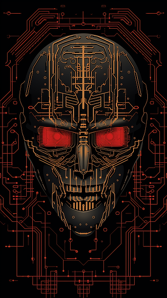 a black skull with orange and red lines