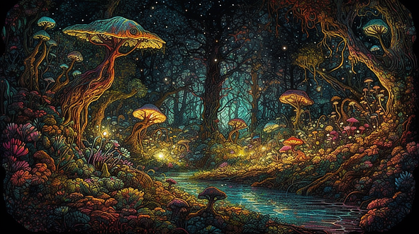 a colorful forest with mushrooms and a river