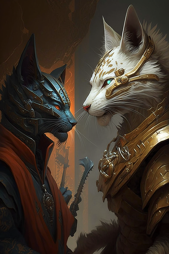 a cat in armor looking at a cat in armor