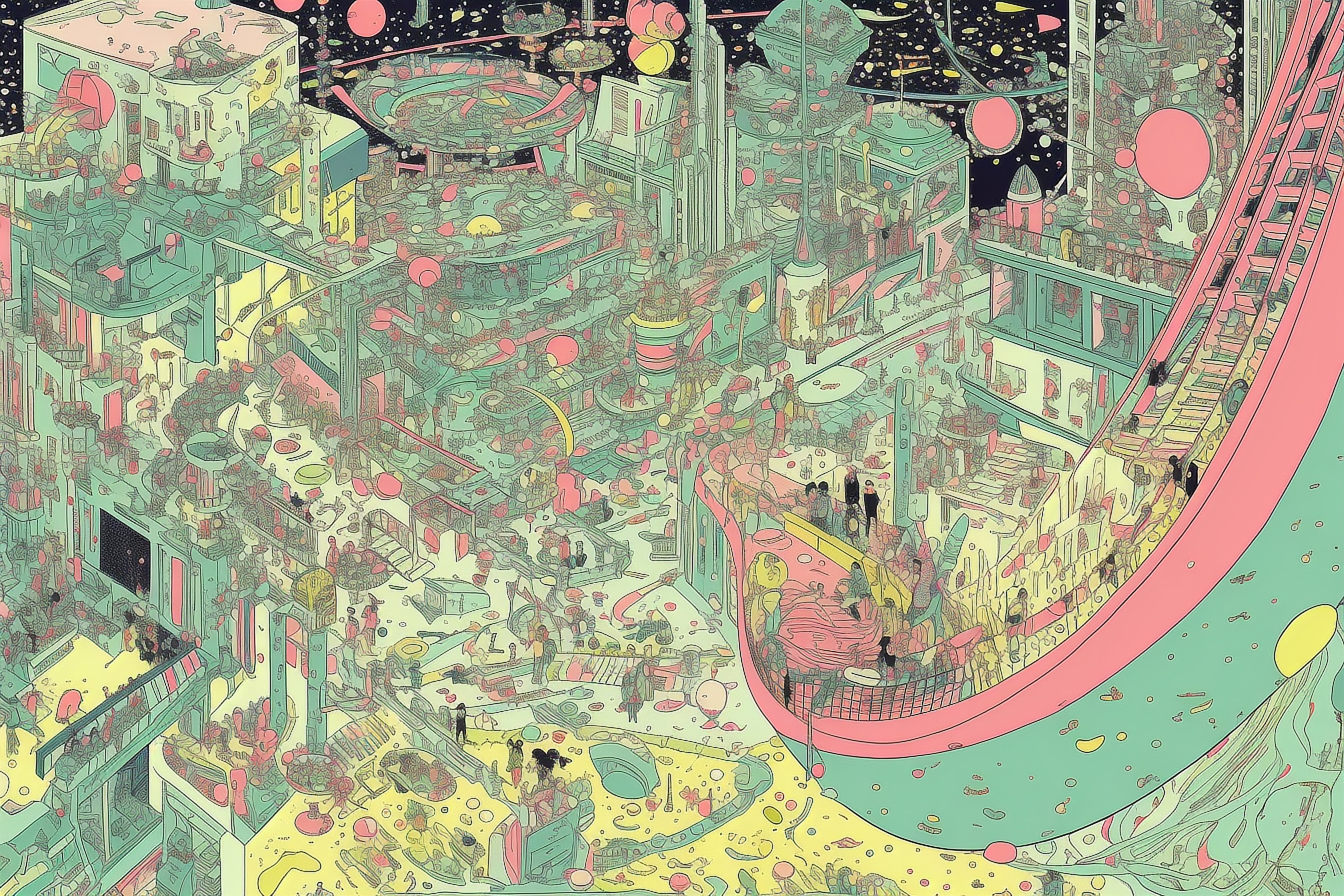 a colorful city with many buildings and people