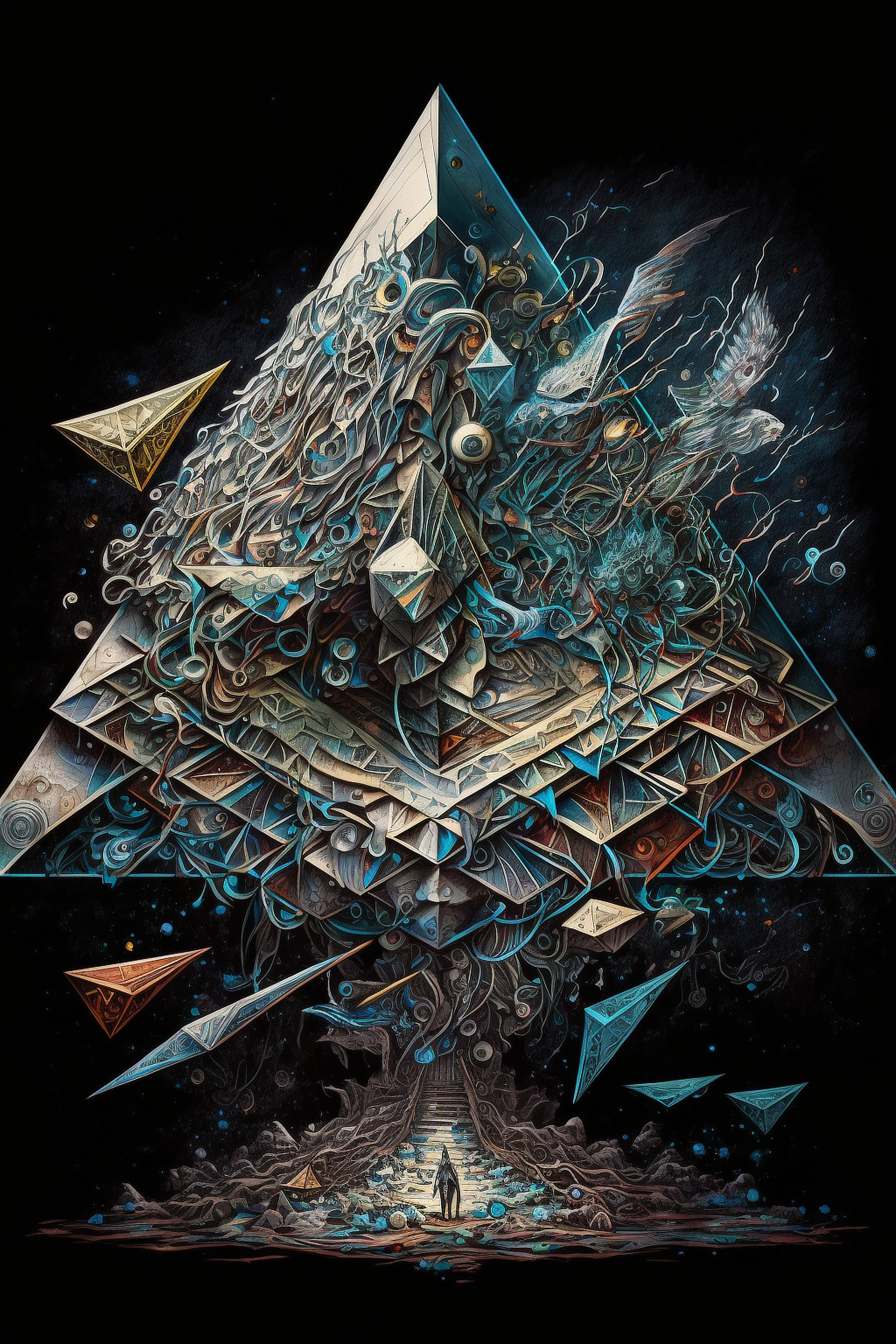 a artwork of a pyramid with many triangles and crystals
