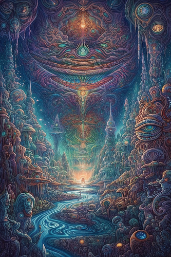 a colorful artwork of a river and a forest