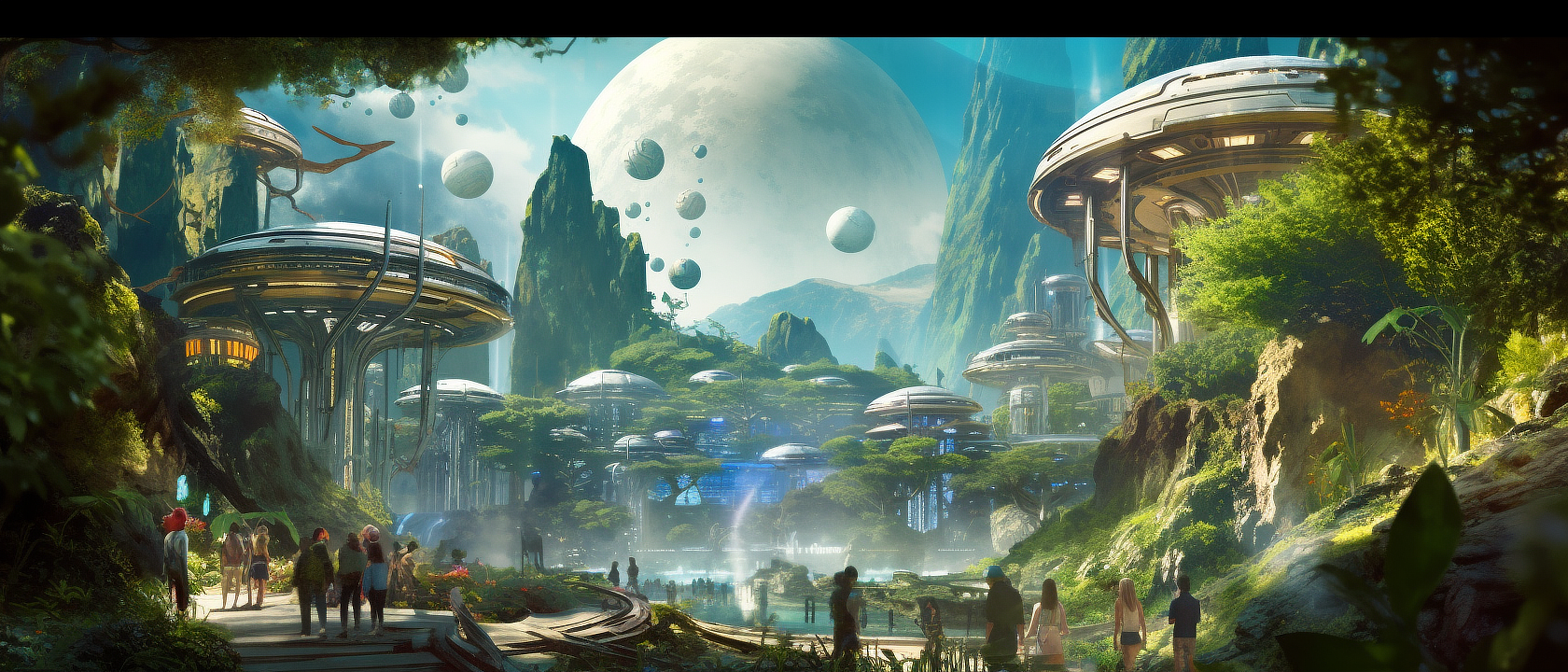 a group of people walking near a city