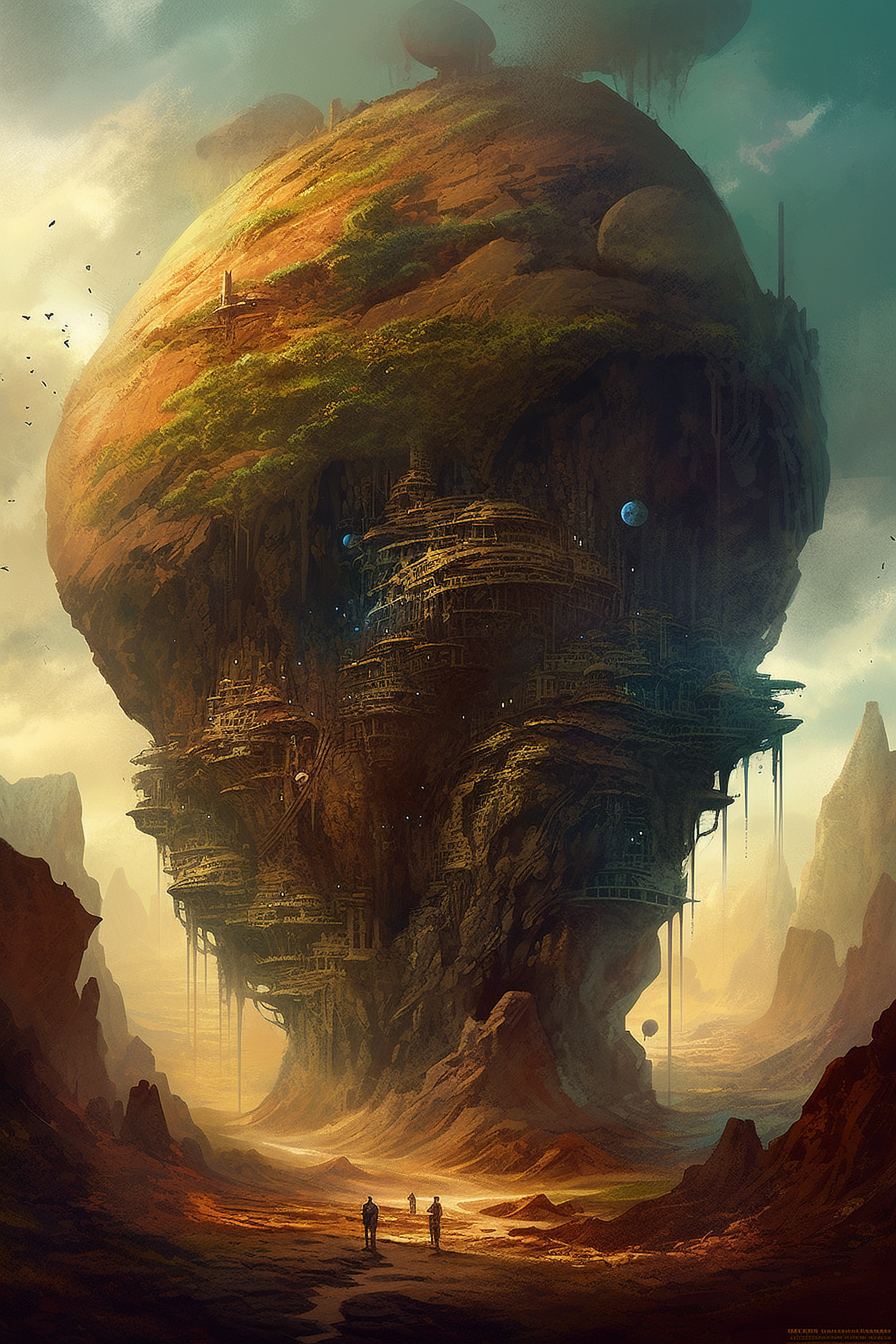 a large rock structure with buildings and trees