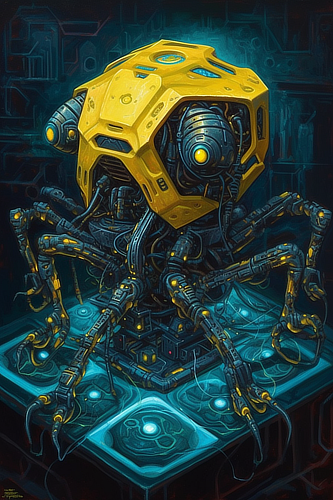 a yellow robot with many legs and legs