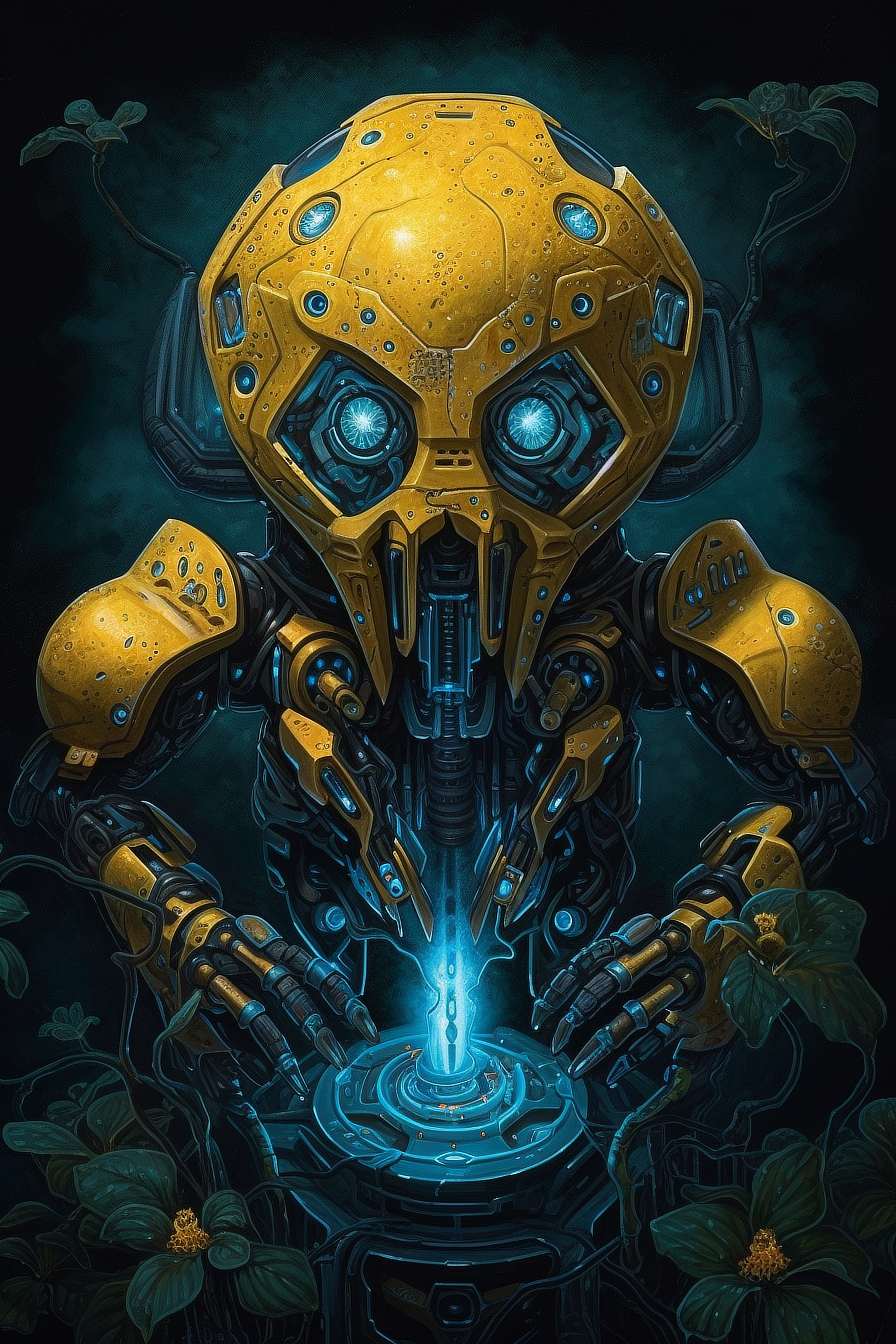 a yellow robot with blue eyes and glowing blue eyes