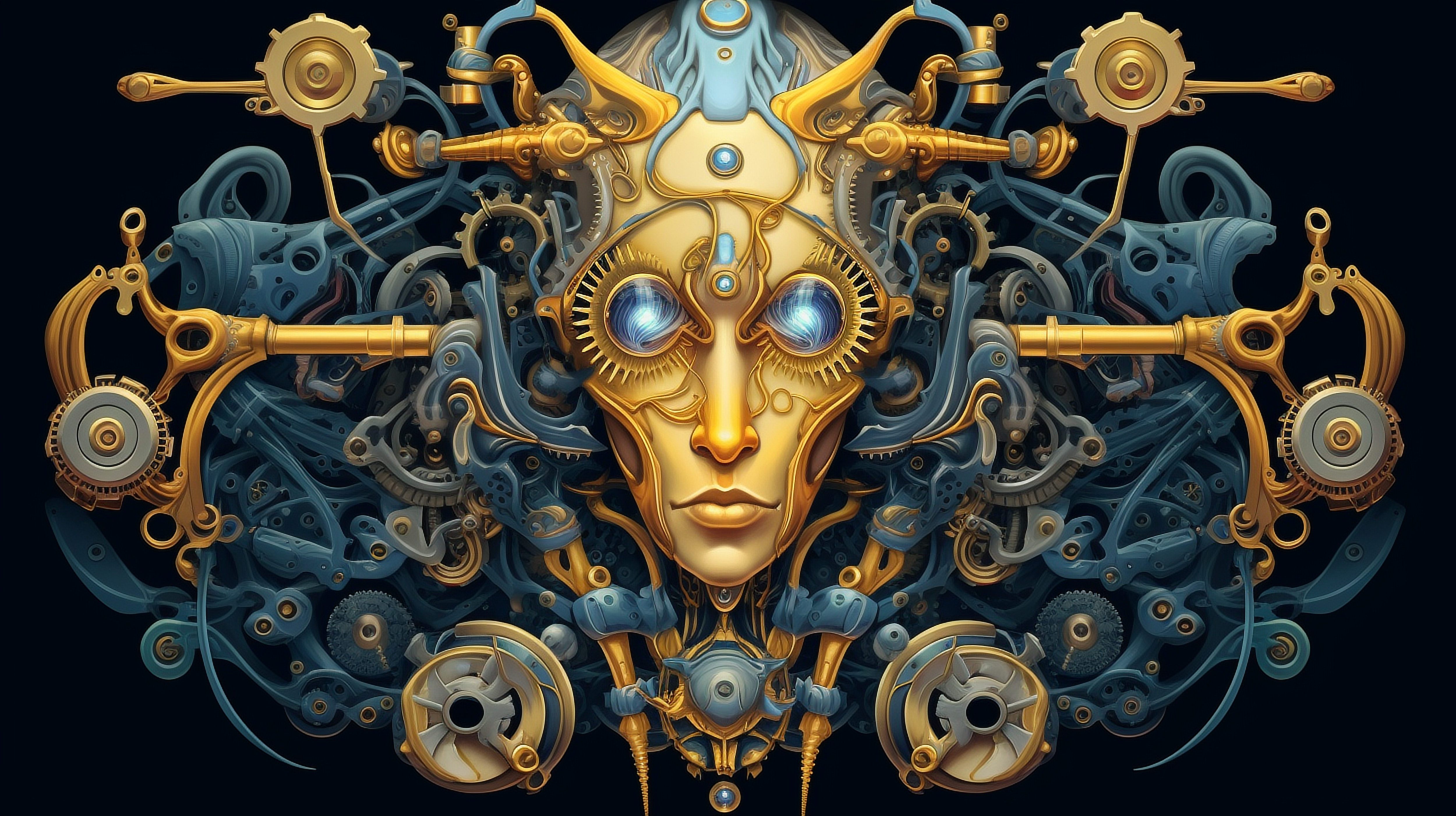 a gold and blue metal face with gears and gears