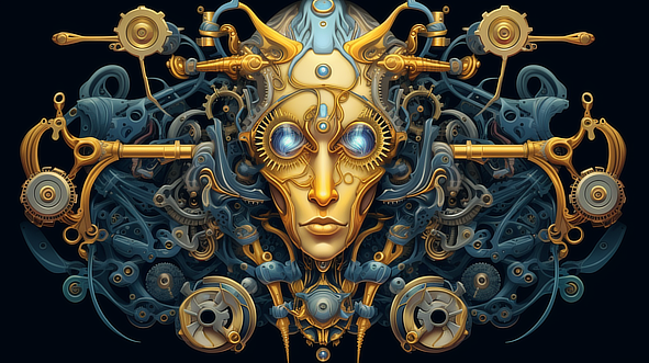 a gold and blue metal face with gears and gears