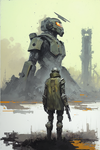 a man looking at a giant robot