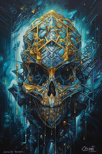 a skull with gold and blue paint