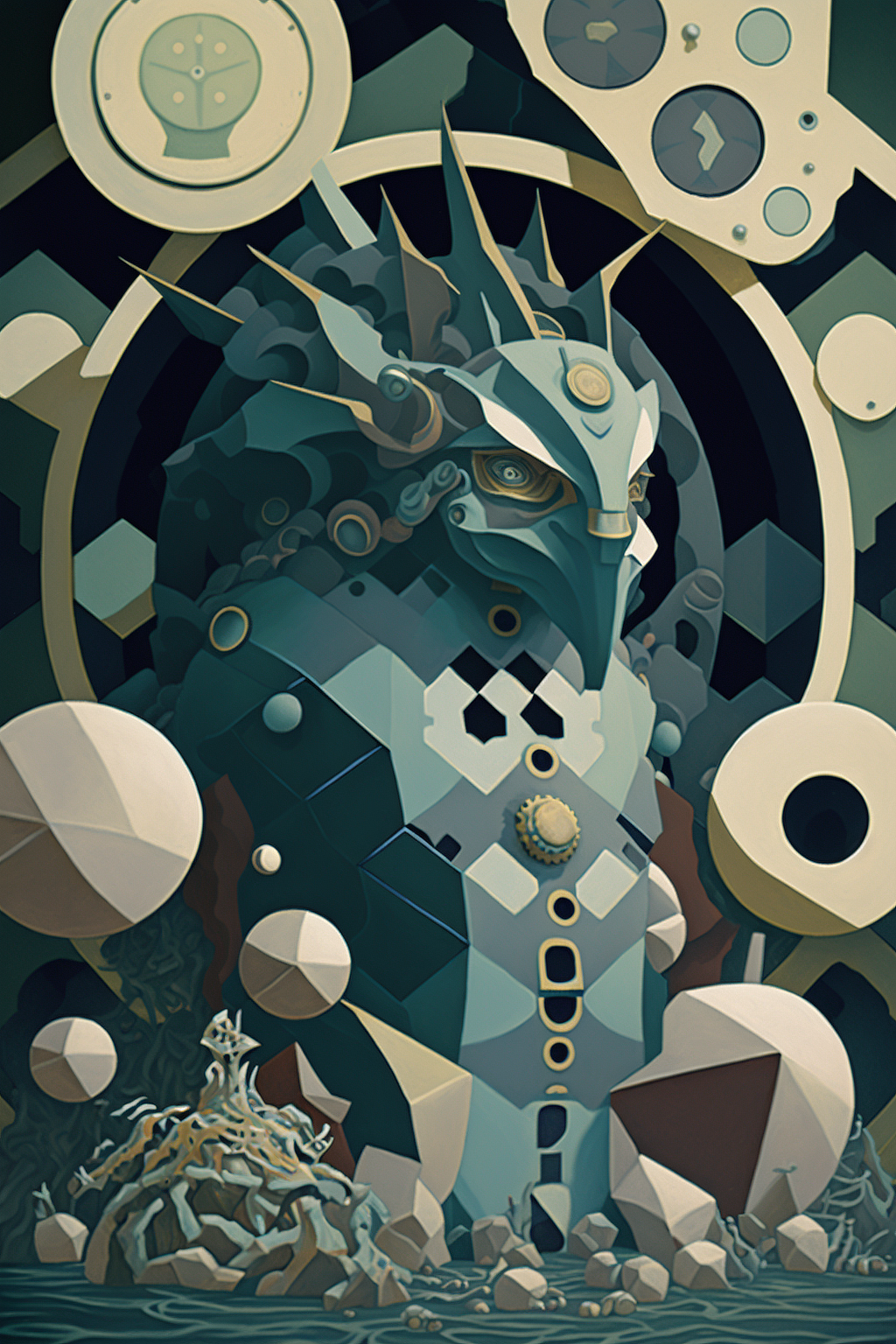 a blue and white bird with gold and black circles