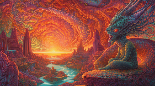 a colorful artwork of a dragon sitting on a rock