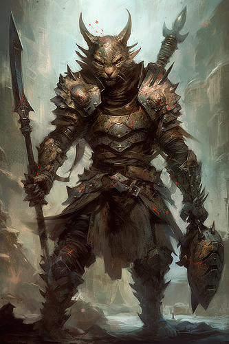 a cat in armor with a spear