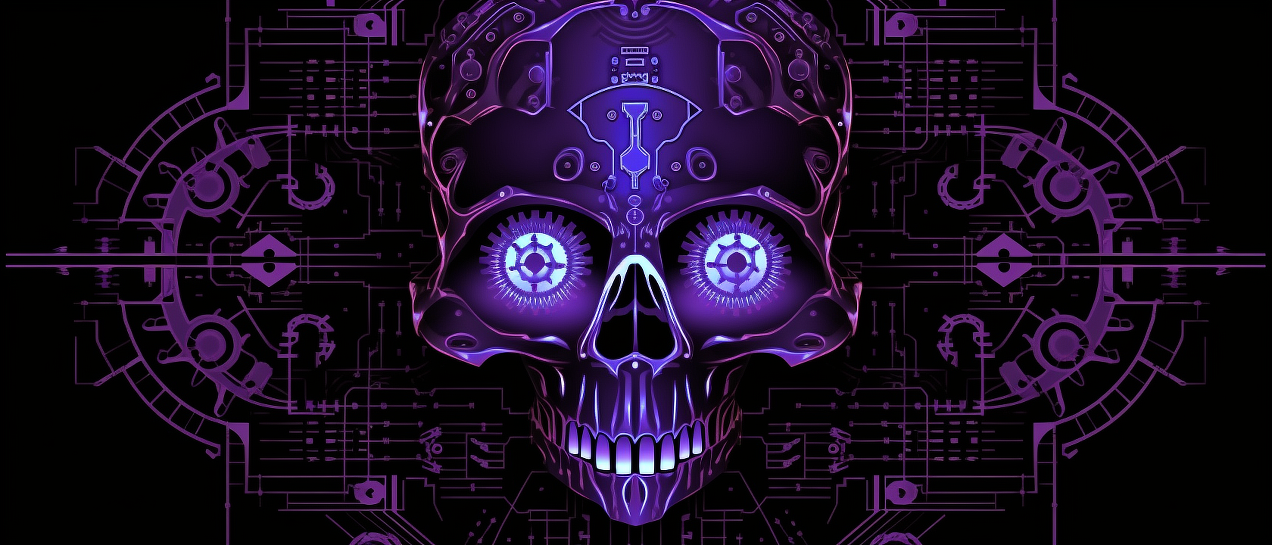 a purple skull with gears and wires