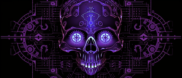 a purple skull with gears and wires