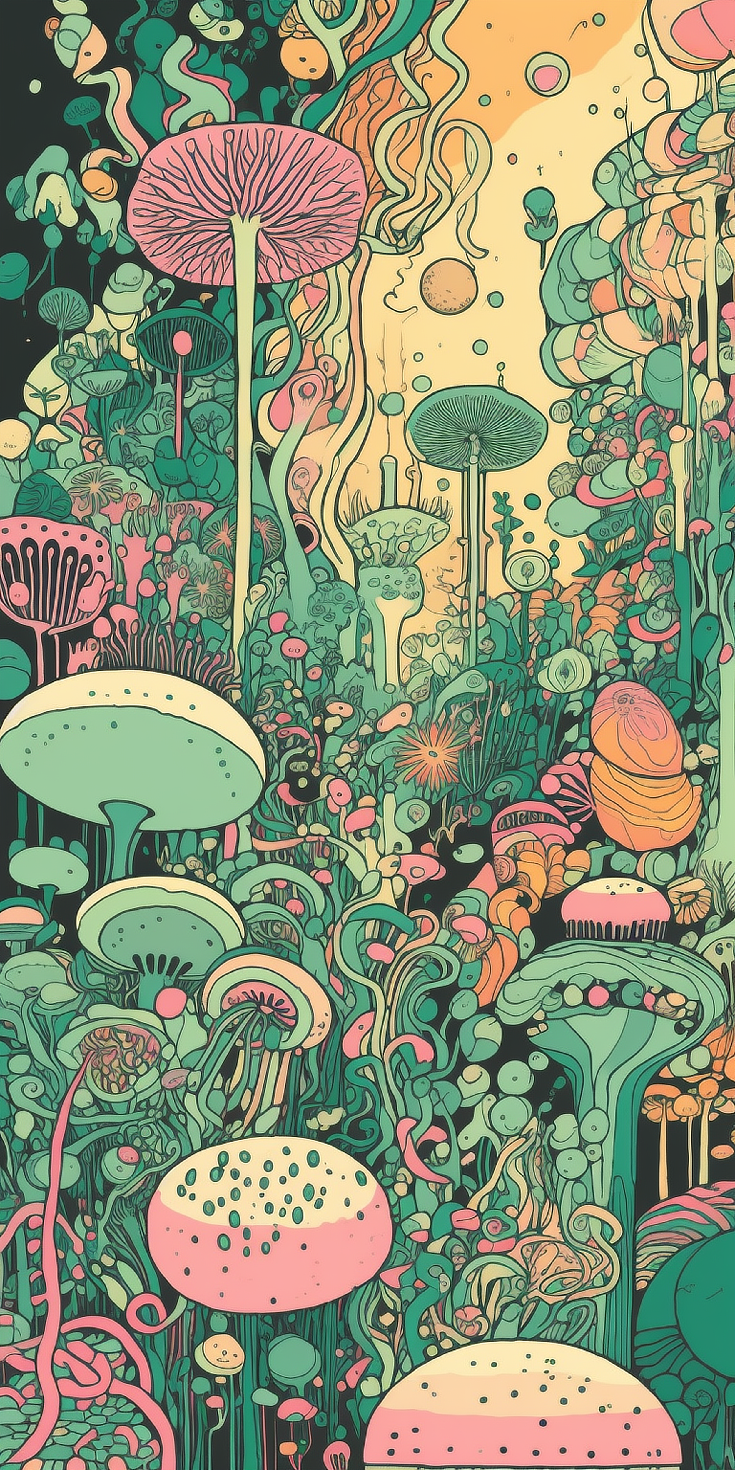 a colorful drawing of mushrooms