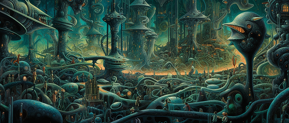 a large green city with many towers and people walking