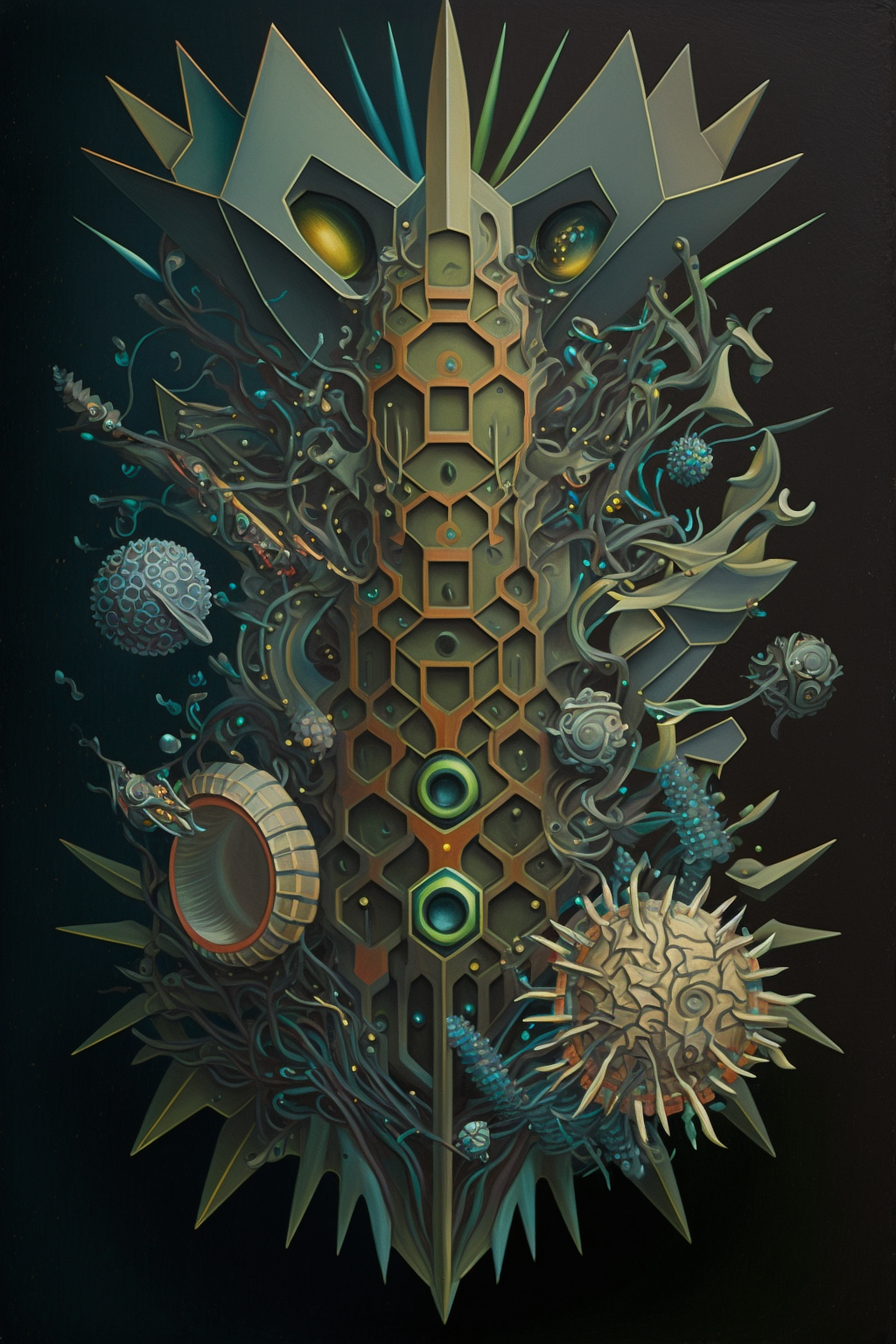 a artwork of a plant with many objects