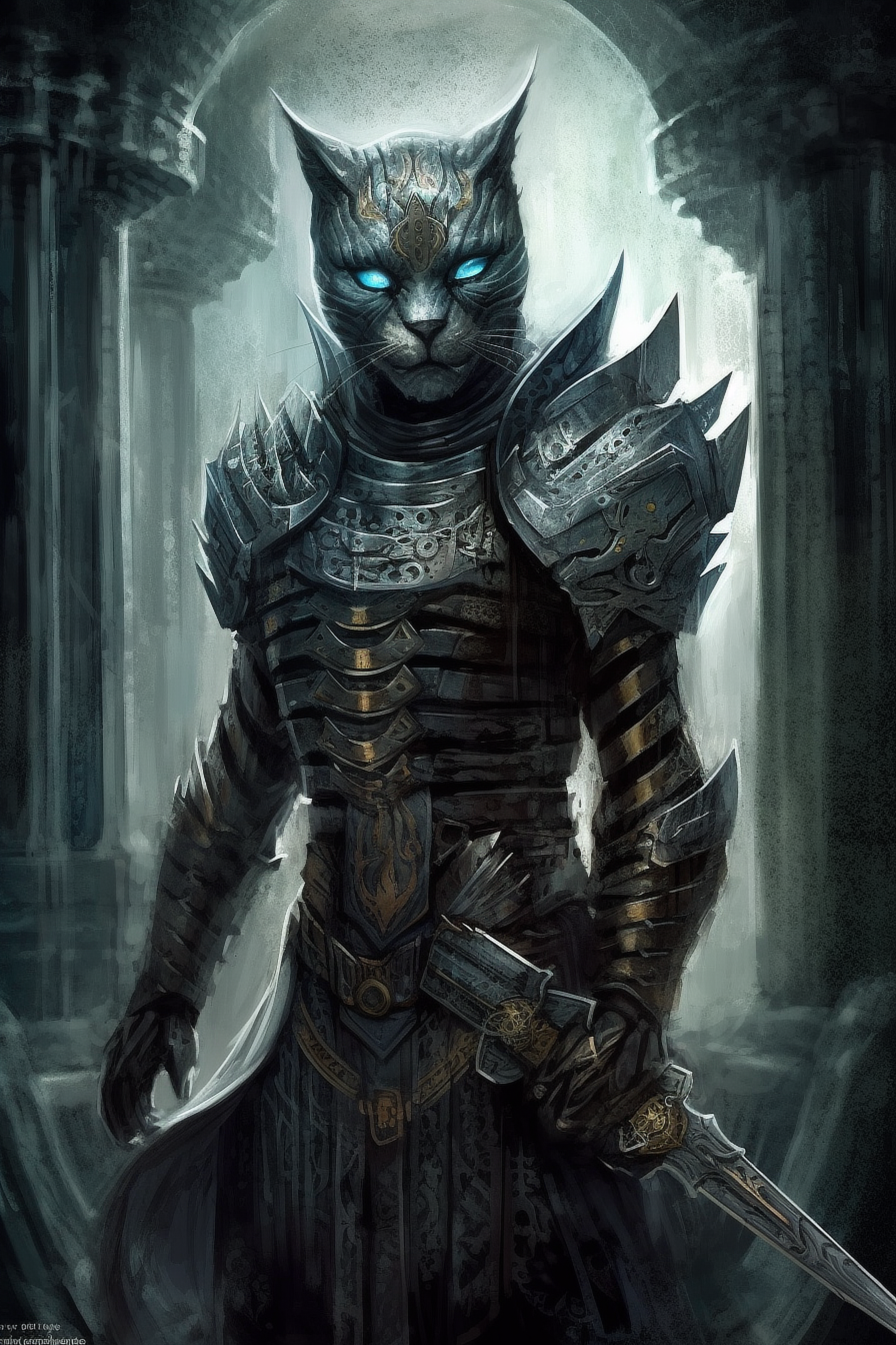 a cat in armor with blue eyes
