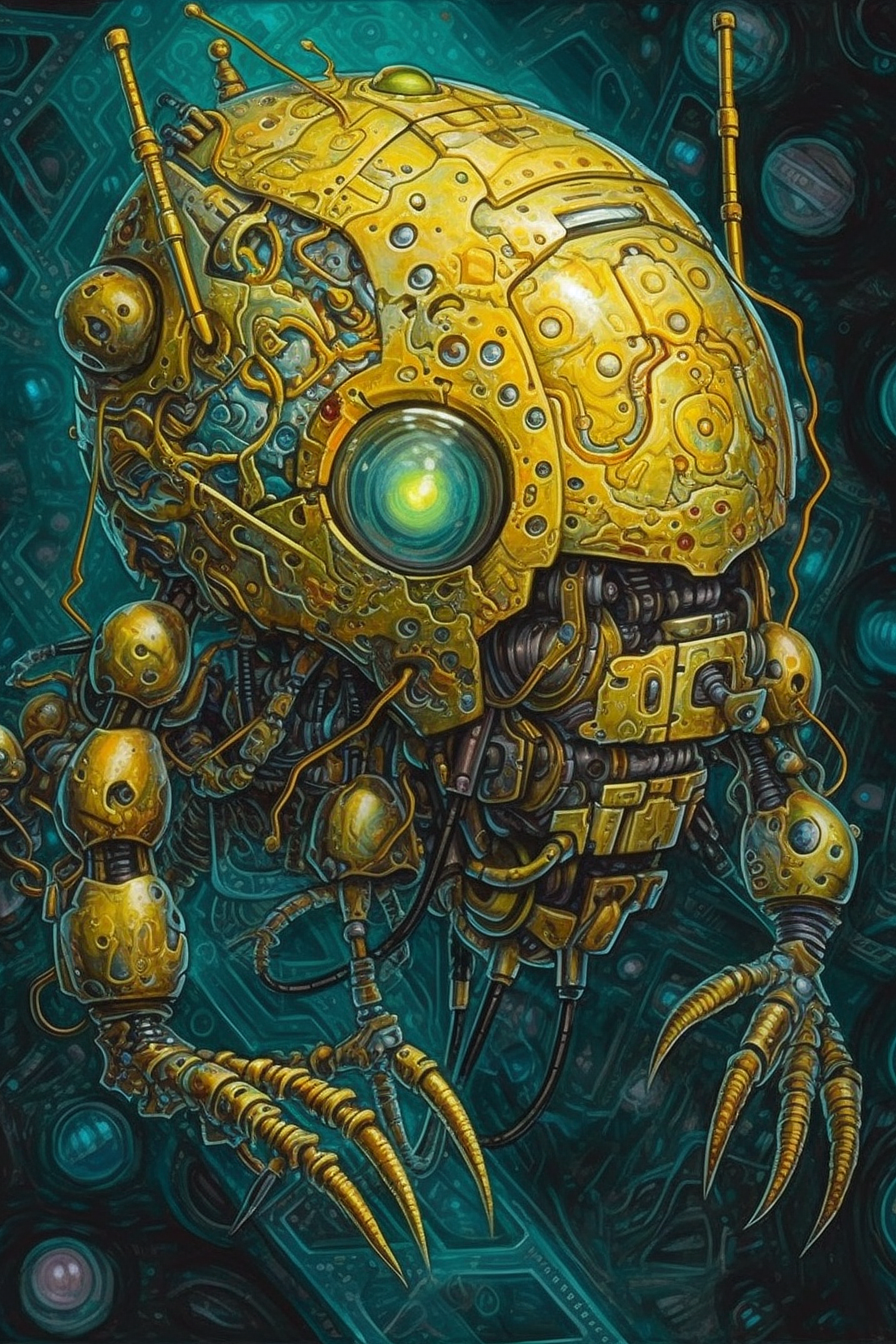 a yellow robot with a green circle