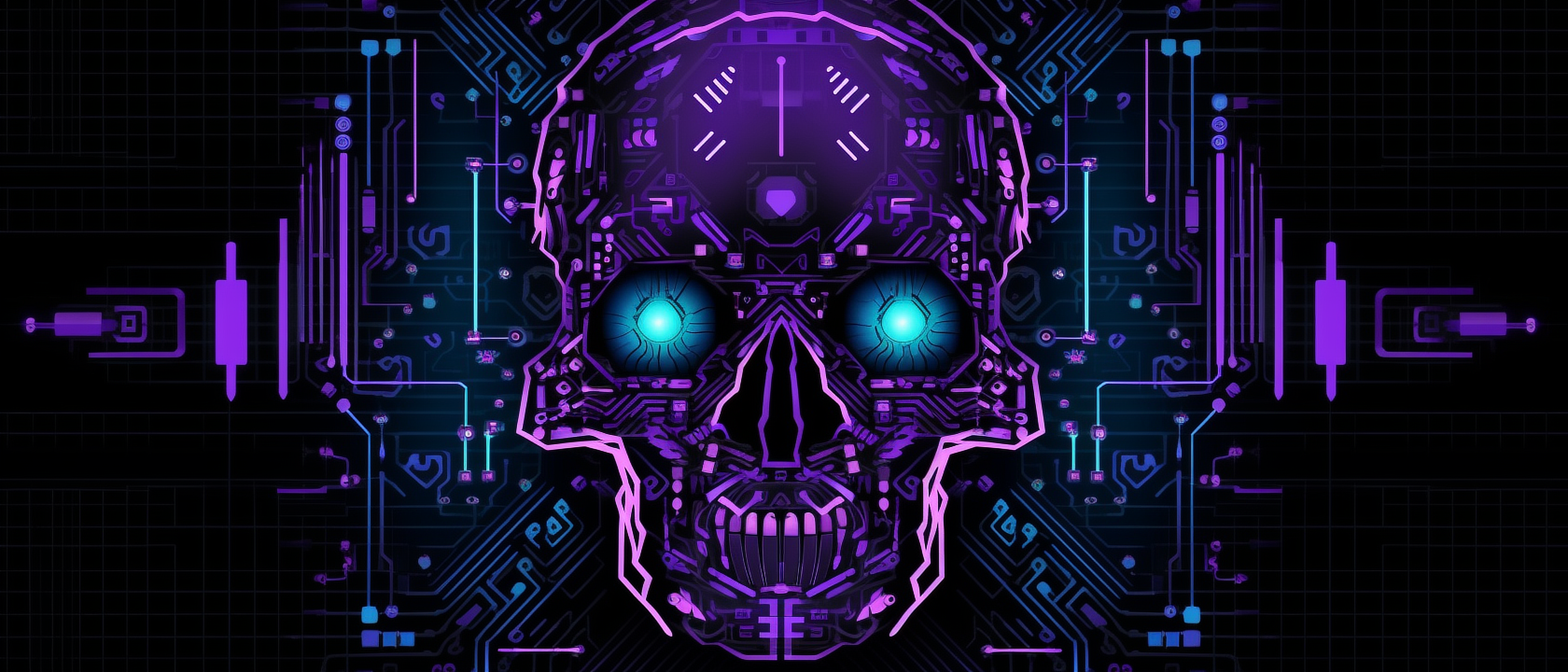 a purple skull with blue eyes and wires