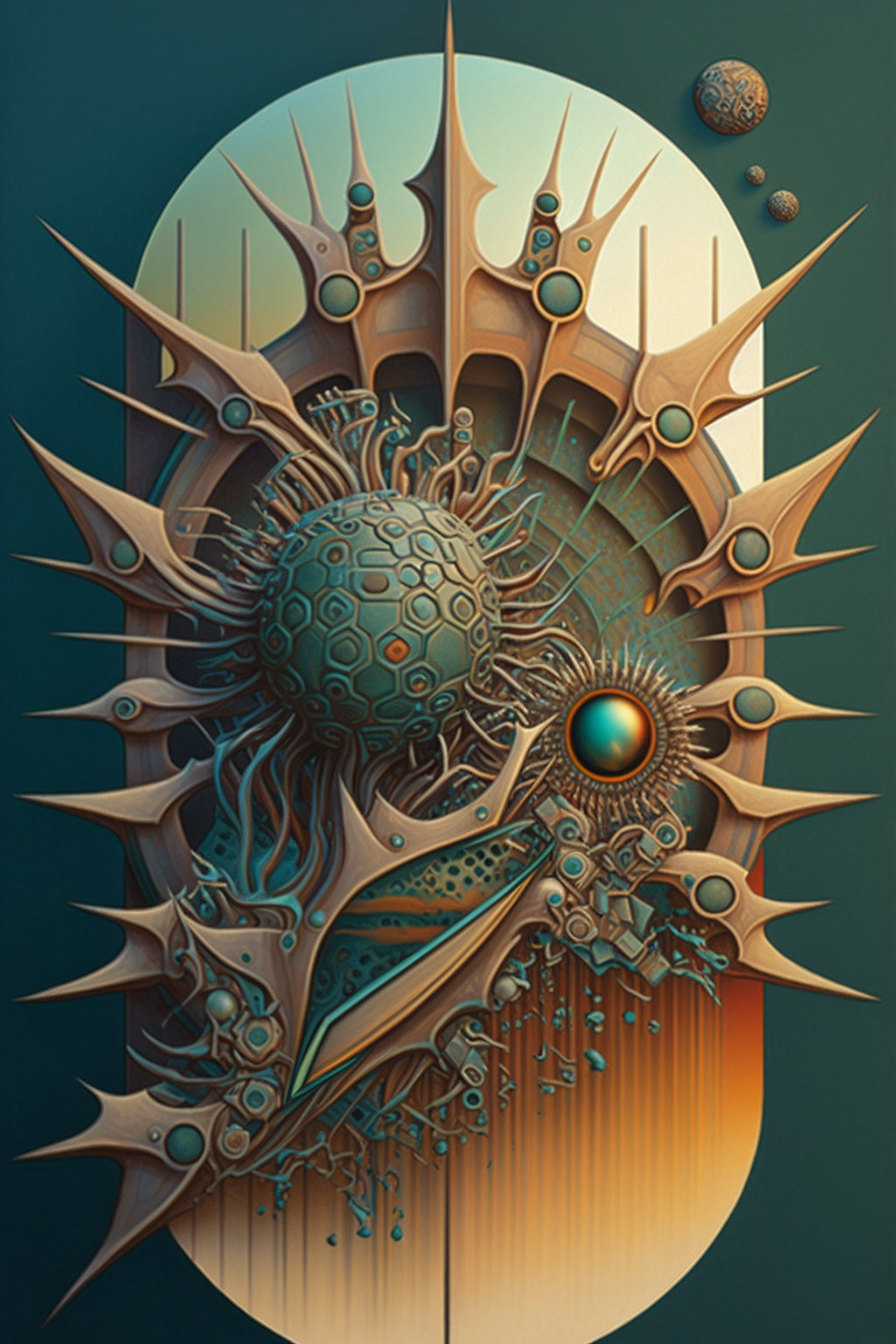 a artwork of a metal structure with a blue ball and a blue ball