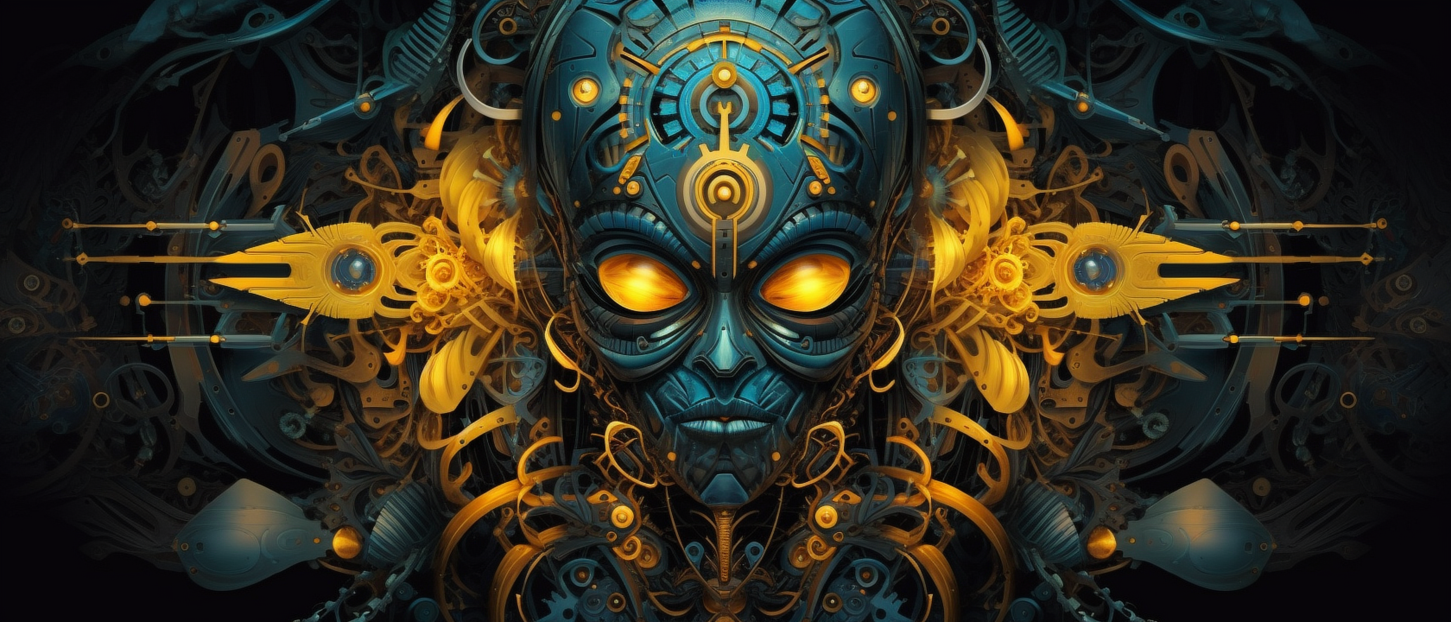 a blue and gold robot face