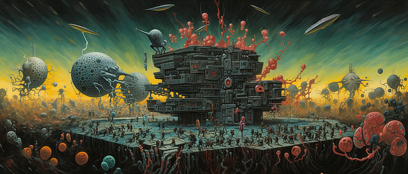 a cartoon of a building with a group of people and a group of aliens