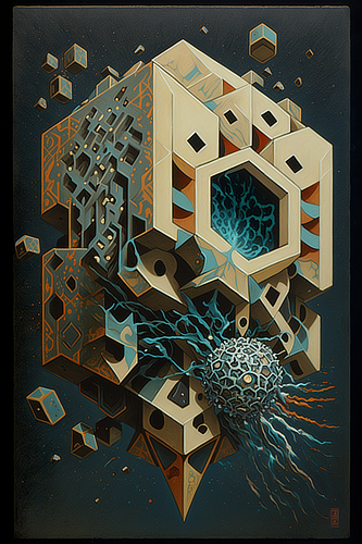 a painting of a cube with a ball and a sphere