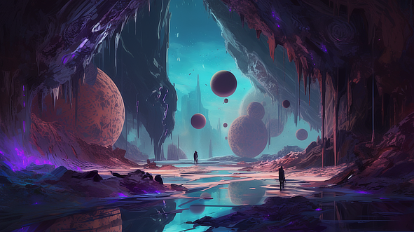 a cave with a group of people and planets