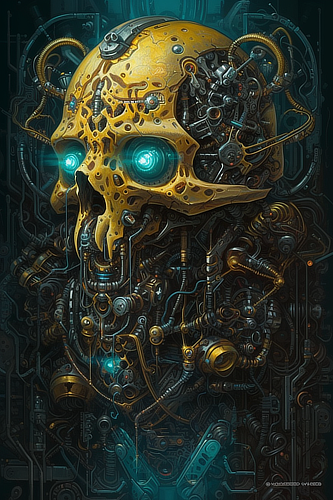 a robot head with a skull and blue eyes