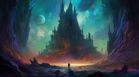 a man standing in front of a large castle