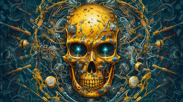 a skull with many pieces of metal