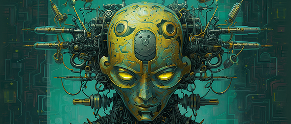 a robot with yellow eyes and a green background with Birch Aquarium in the background