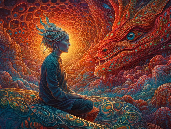 a woman sitting in a cave with a dragon
