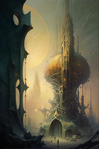 a fantasy city with a tall tower