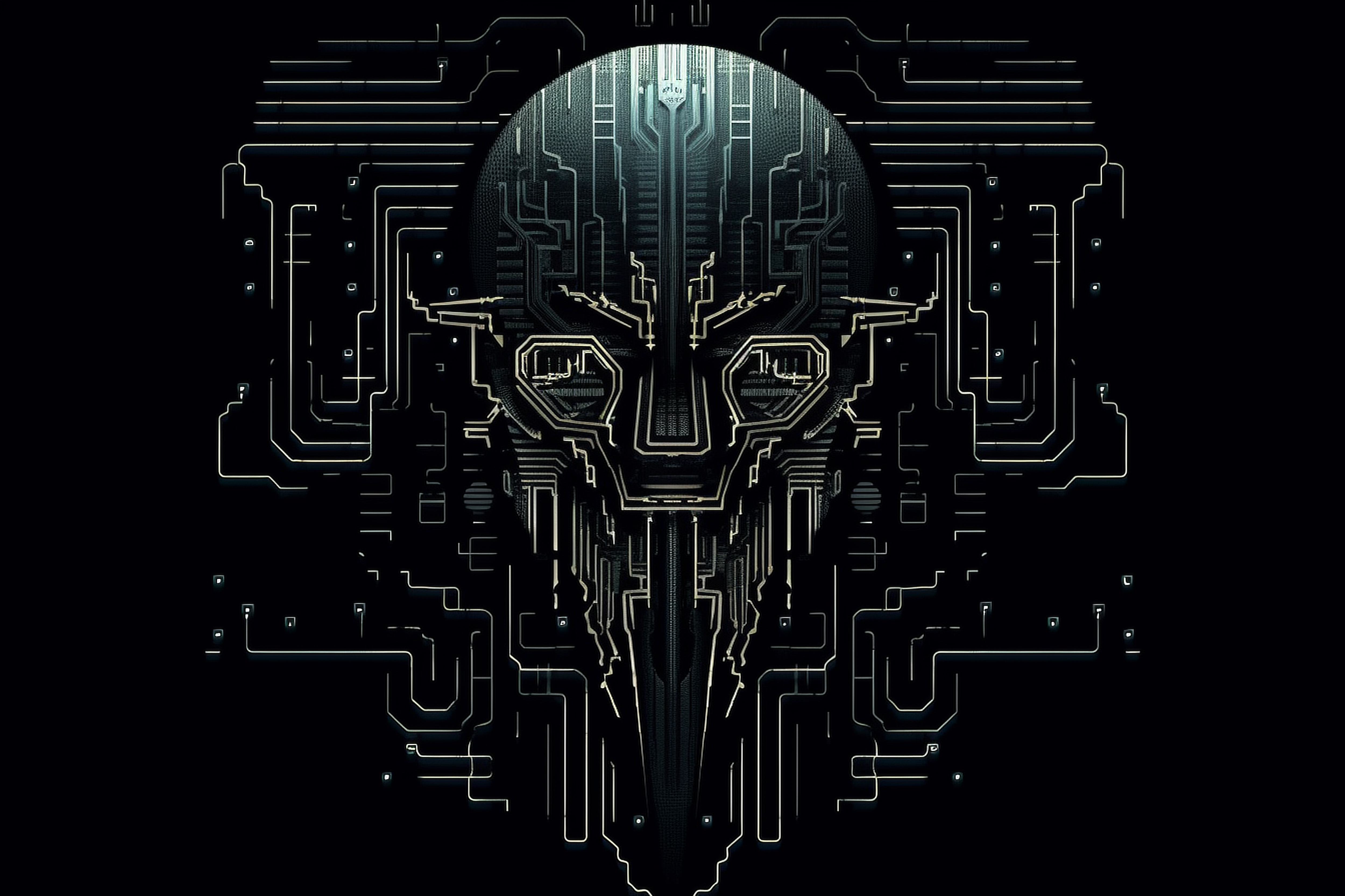 a black and gold mask with lines and dots